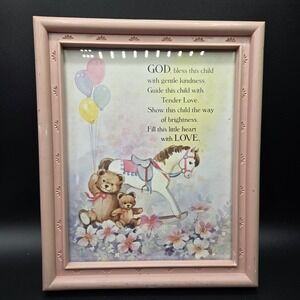 Children Bedtime Prayers Picture Frame Pink Rocking Horse Teddy Bears LOVE